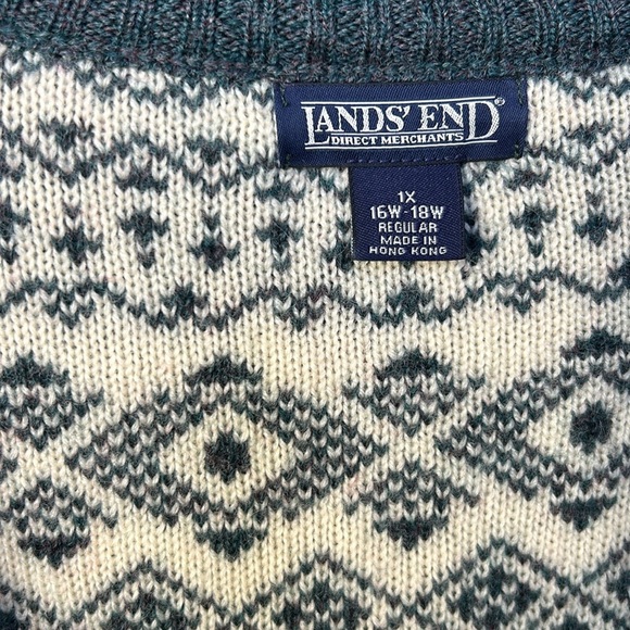 Lands End Knit Wool Fair Isle Full Zip Cardigan Sweater Large XLarge in Green - Picture 5 of 14